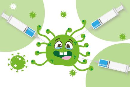 ein Cartoon eines Corona-Virus mit Spritzen mit Impfstoff.