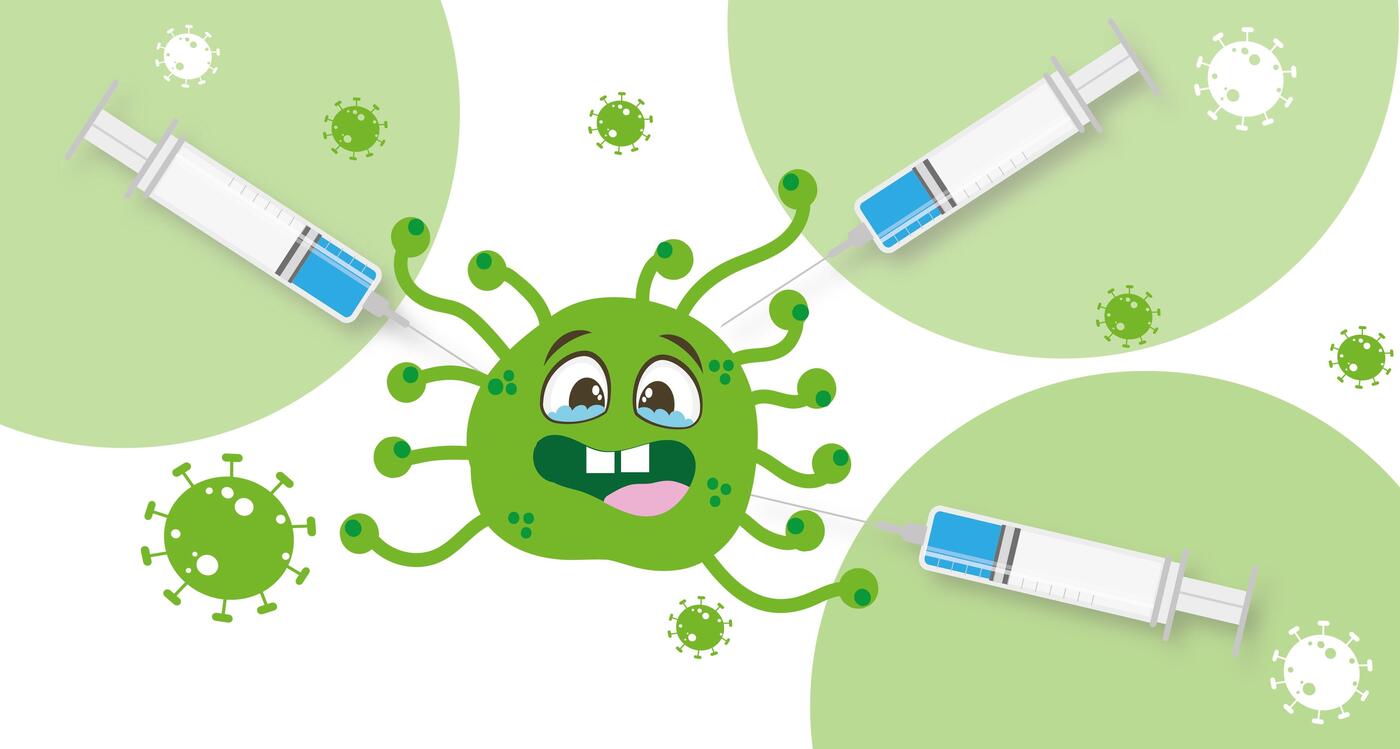 ein Cartoon eines Corona-Virus mit Spritzen mit Impfstoff.