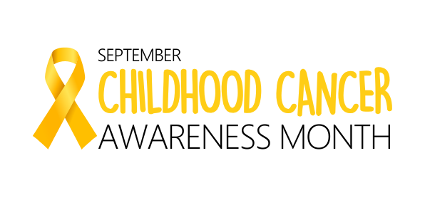 Schriftzug "September Childhood Cancer Awareness Month" mit einer goldenen Schleife links davon.