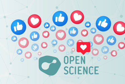Open Science Logo und schwebende Symbole zu social media Reaktionen (Herzen und Thumbs Up).