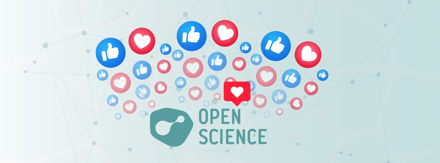 Open Science Logo und schwebende Symbole zu social media Reaktionen (Herzen und Thumbs Up).